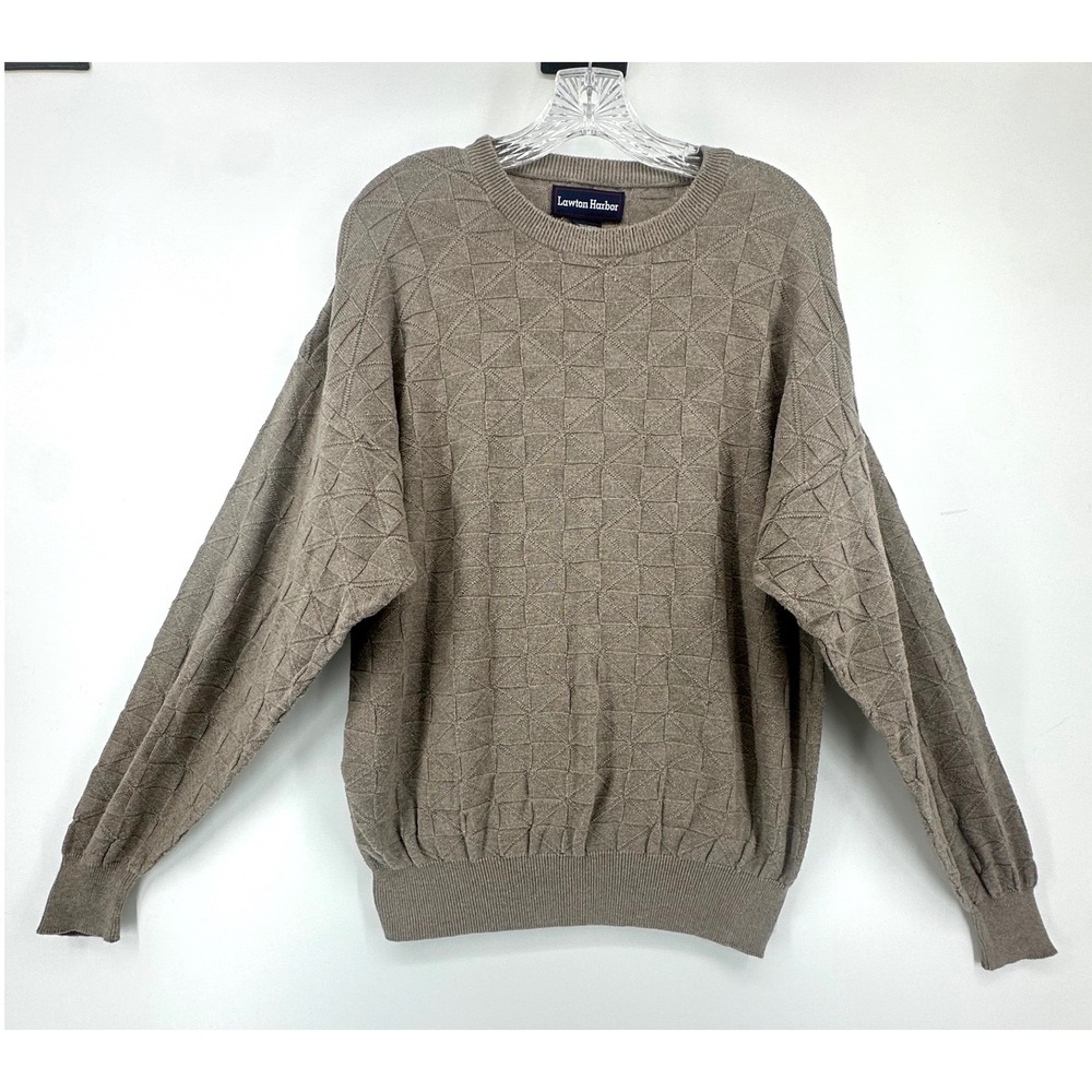 Mens L Taupe Brown Fisherman Grandpa‎ Geometric Textured Knit Crew Neck Sweater